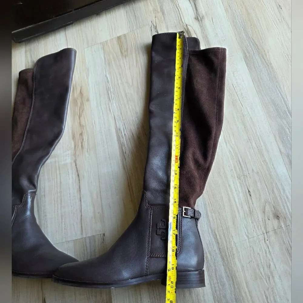 Tory Burch Wyatt Over-The-Knee Boot Brown Leather & Suede Gold Buckle 6M Riding